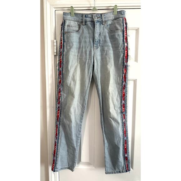 PILCRO Anthropologie The Vintage Straight Jeans Boho Ribbon Stripe Trim - Sz 27 - Picture 3 of 9